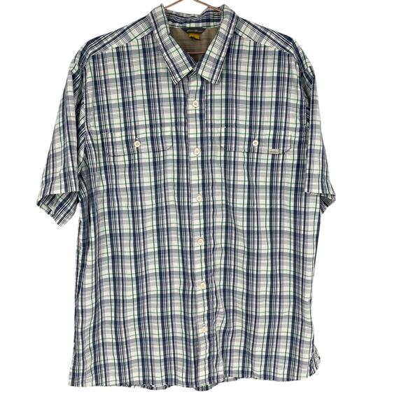 Eddie Bauer Shirt Mens XL Navy Green Plaid Travex Short Sleeve Flap Pockets - Picture 1 of 6